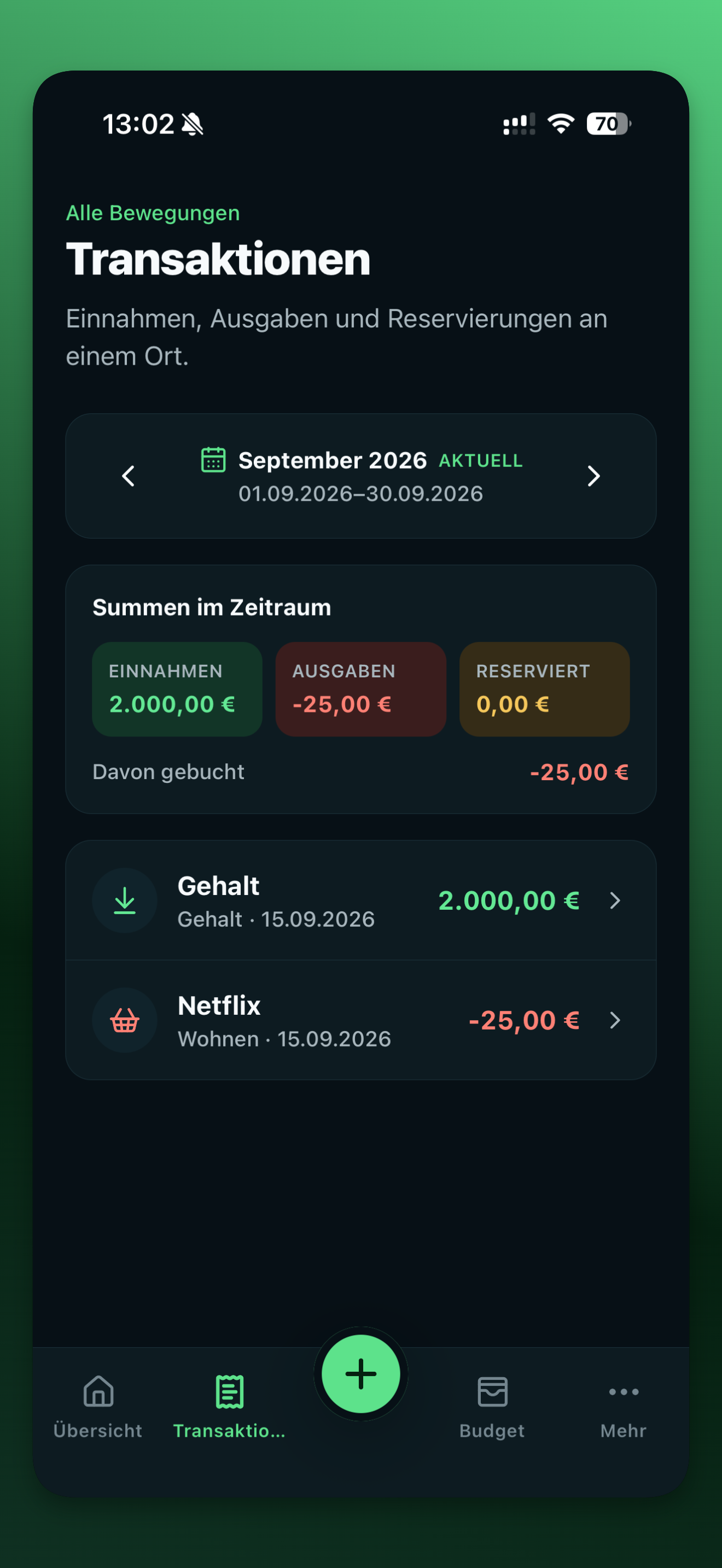 Transaction list inside the app